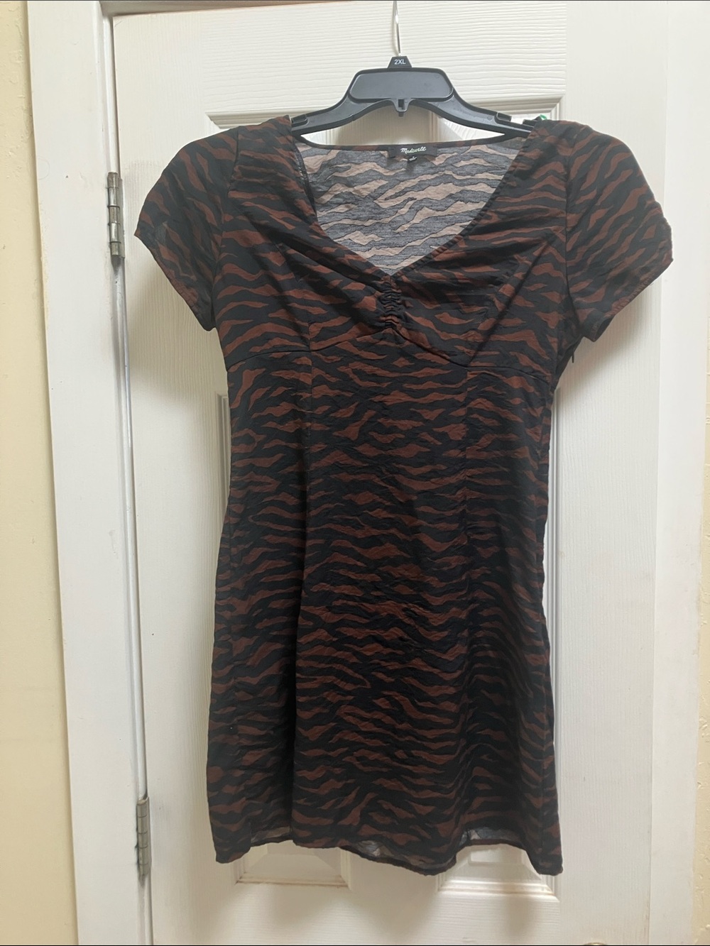 Madewell Black and Brown Tiger-Stripe V-Neck Mini Dress